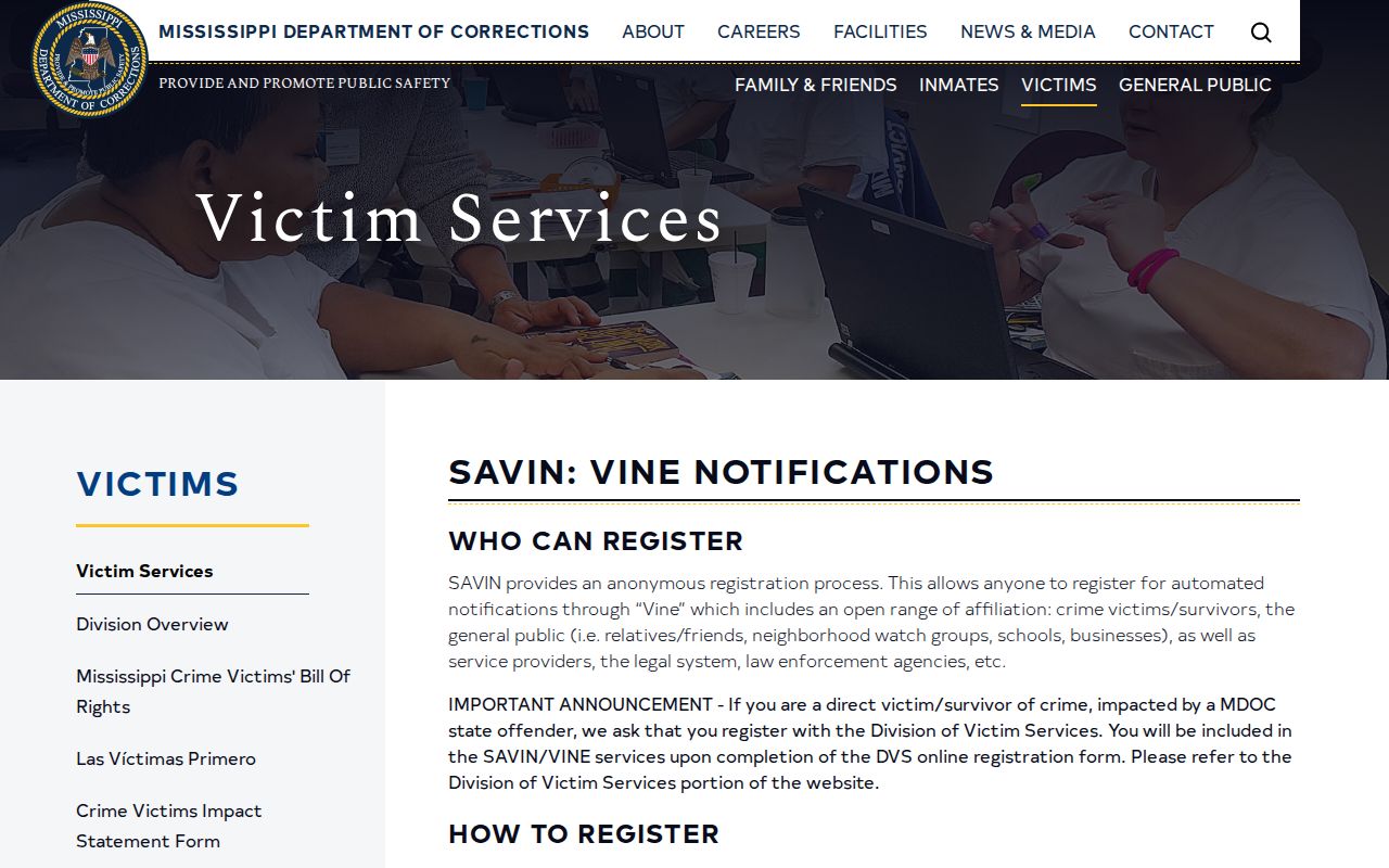 Mississippi SAVIN transfer and release notifications for Montgomery County custody